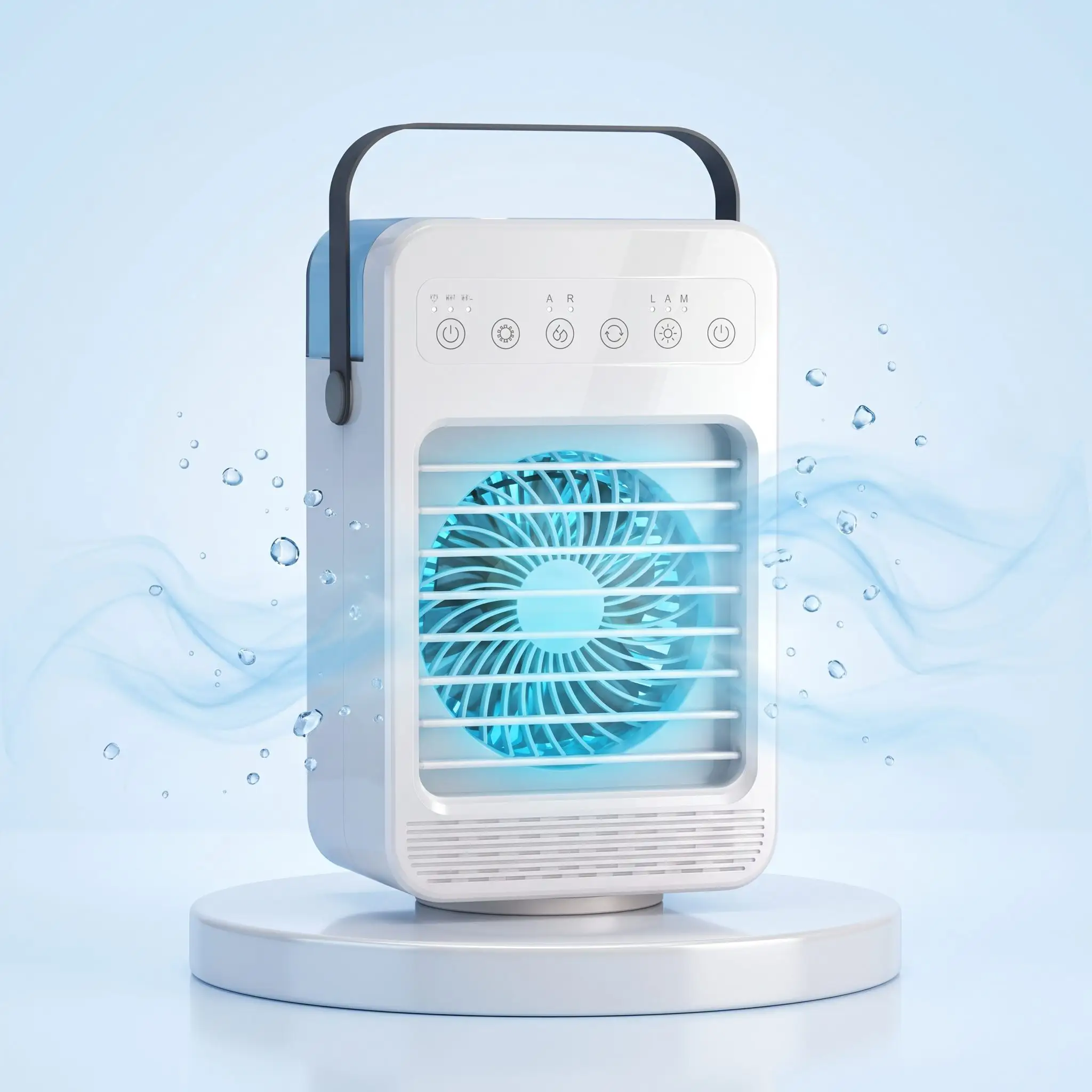 Close-up of the CoolJet water tank and ultrasonic misting technology