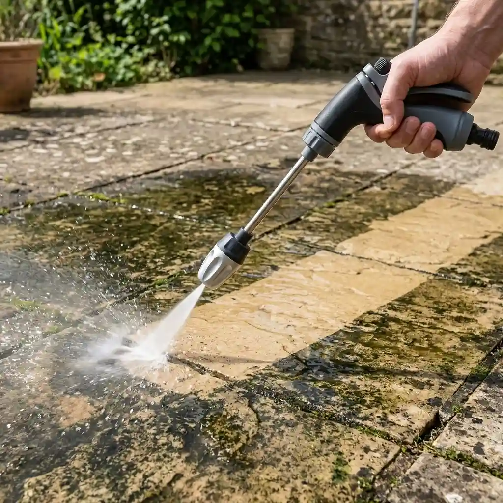 Jetterix pressure nozzle cleaning a moss-covered patio — the water jet removes moss and dirt instantly