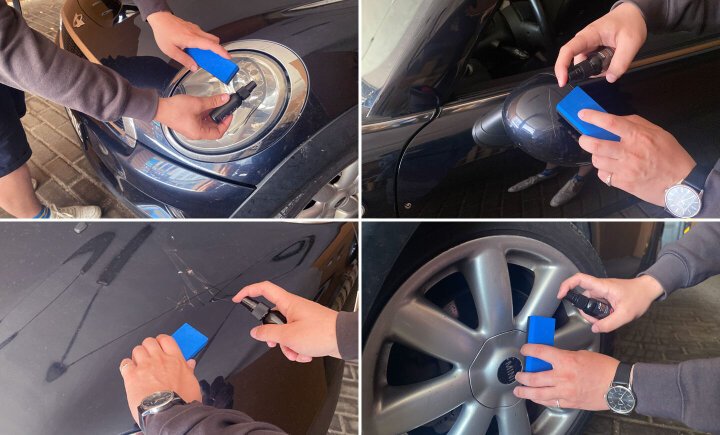NuraFix features — scratch removal, dirt repellency, protective coating, UV protection